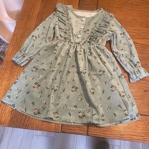Girls' Floral Ruffle Sage Green Long-Sleeve Dress